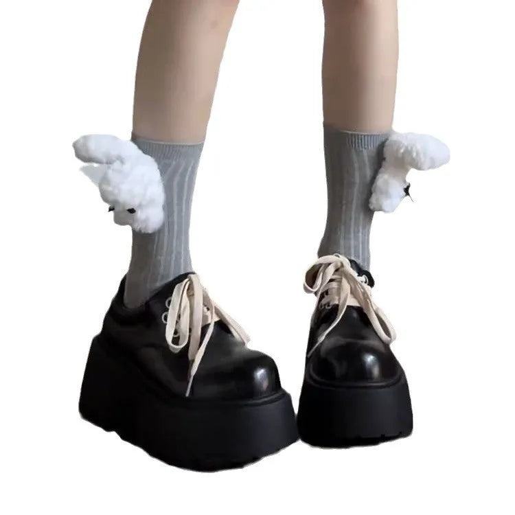 Women's matte black lace-up shoes with thick rubber sole and chunky 6-8cm heel, round toe.