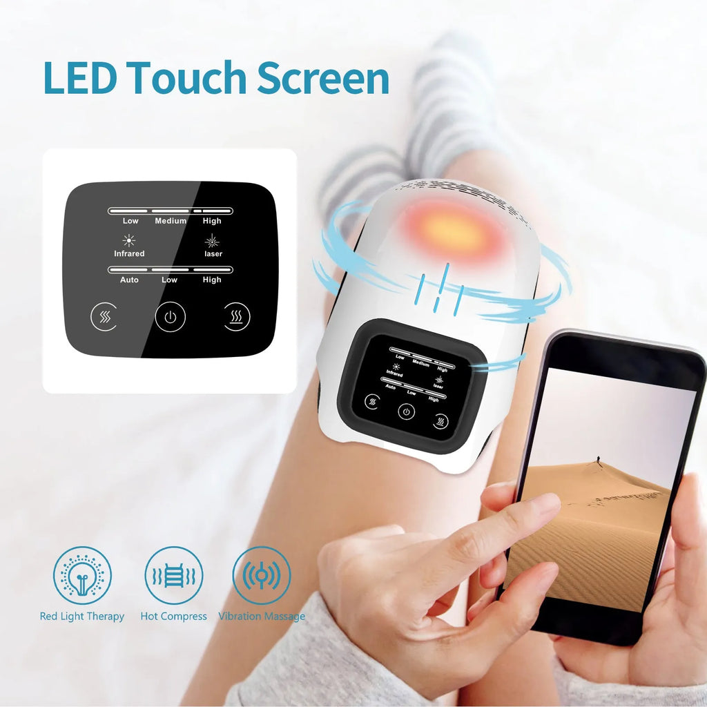 White wearable electric knee massager with straps, showing controls for kneading, heat, and vibration therapy.
