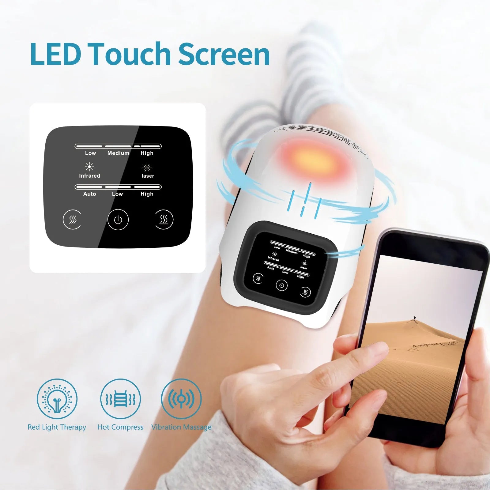 White wearable electric knee massager with straps, showing controls for kneading, heat, and vibration therapy.