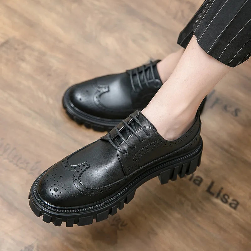 Men's black and brown artificial PU brogue shoes with round toe for business wear