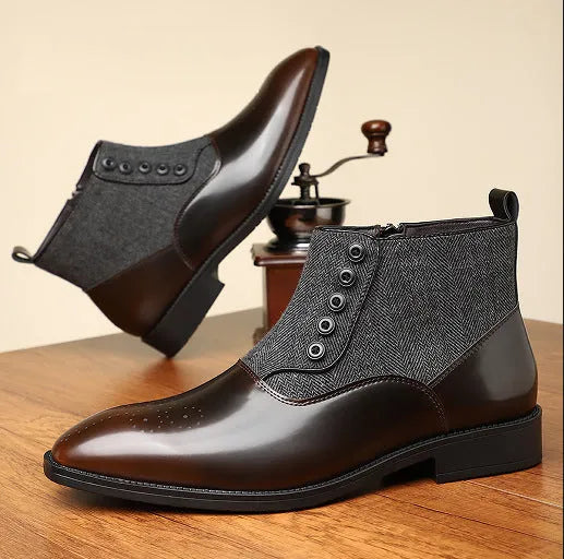 Men's brown retro leather shoes with side zipper and square toe on a white background