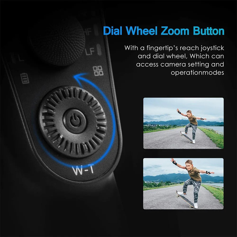 Black three-axis handheld gimbal stabilizer for mobile phones showing PTZ unit and handle