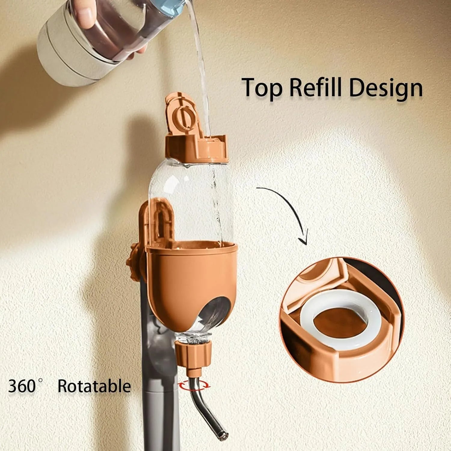 Small animal water bottle with rotatable nozzle mounted on cage bars, showing blue colour option