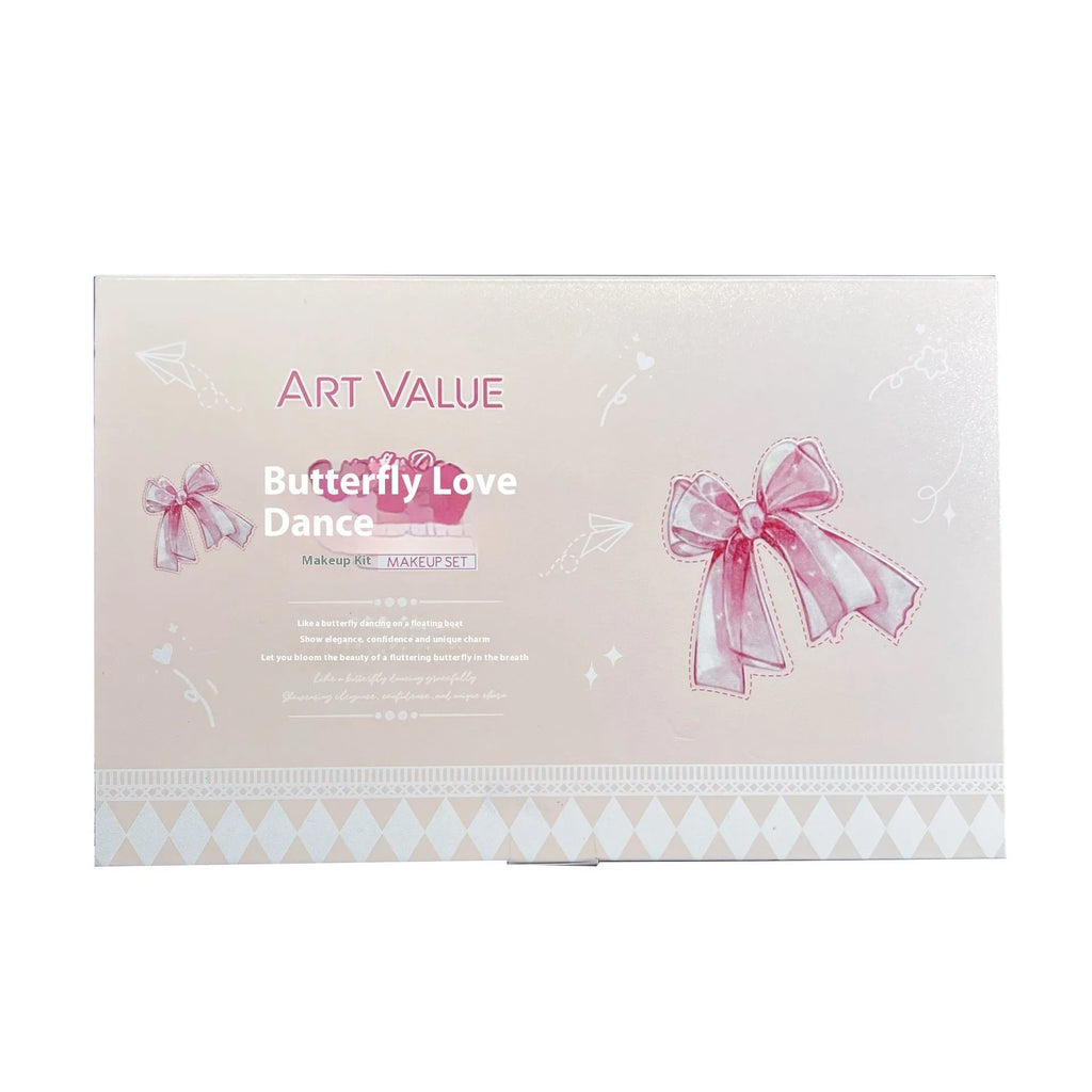 Butterfly Box makeup set showing four pink lip muds, a powder blusher, and a necklace