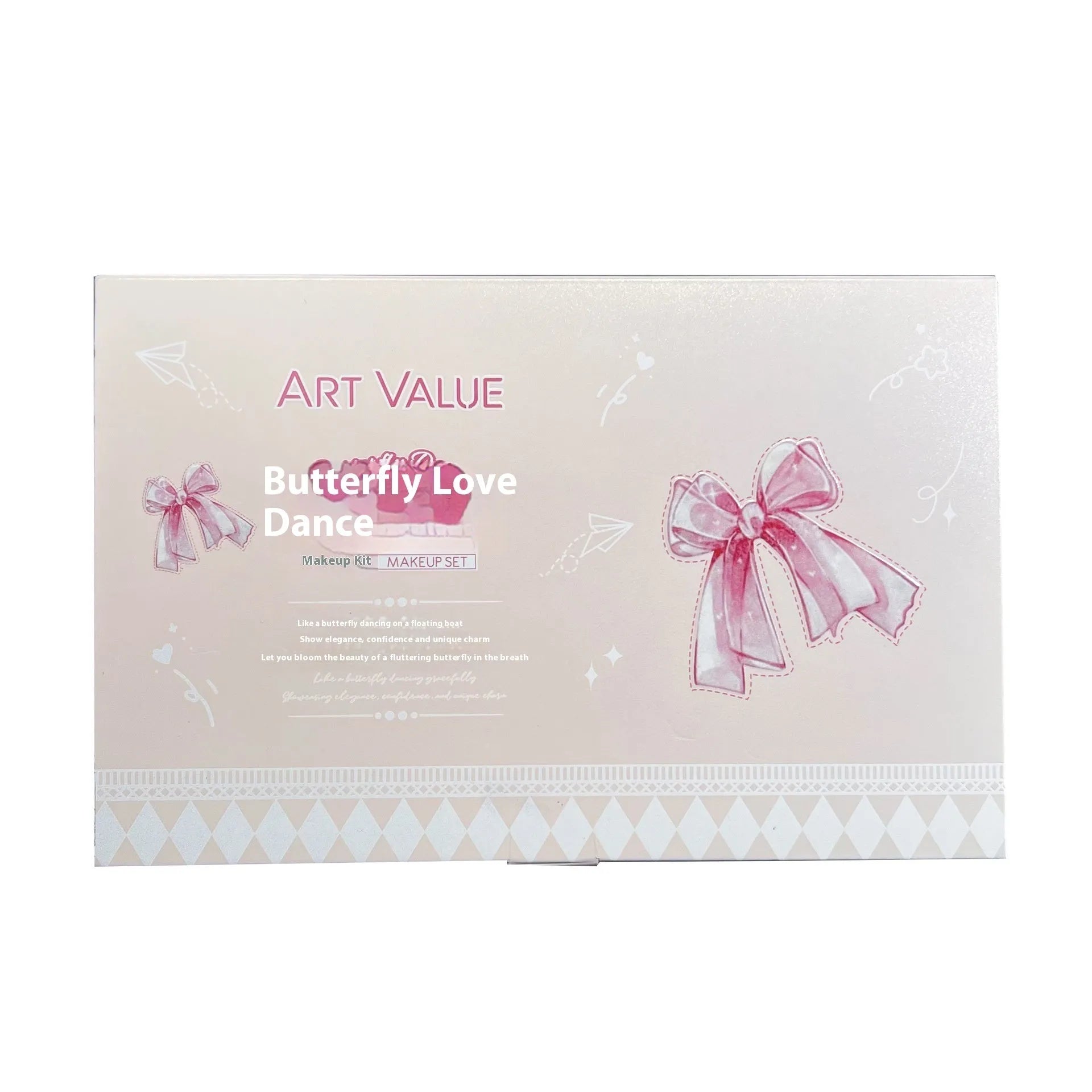 Butterfly Box makeup set showing four pink lip muds, a powder blusher, and a necklace
