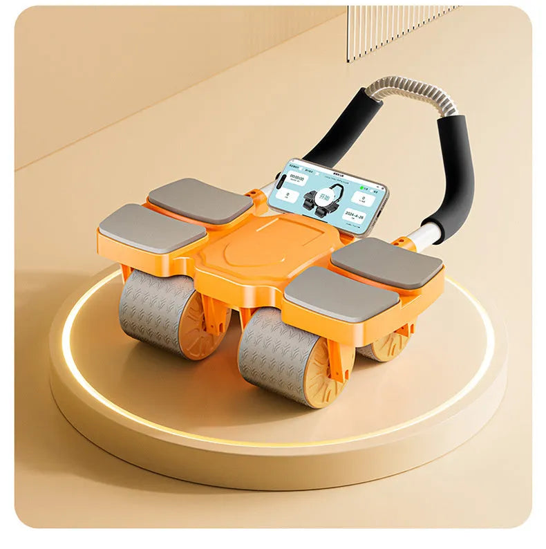 Abdominal exercise wheel with automatic rebound feature and four wheels, shown in blue on a floor.