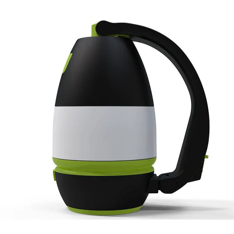 Black green multifunctional LED lamp with folding stand, shown in camping and desk use settings.
