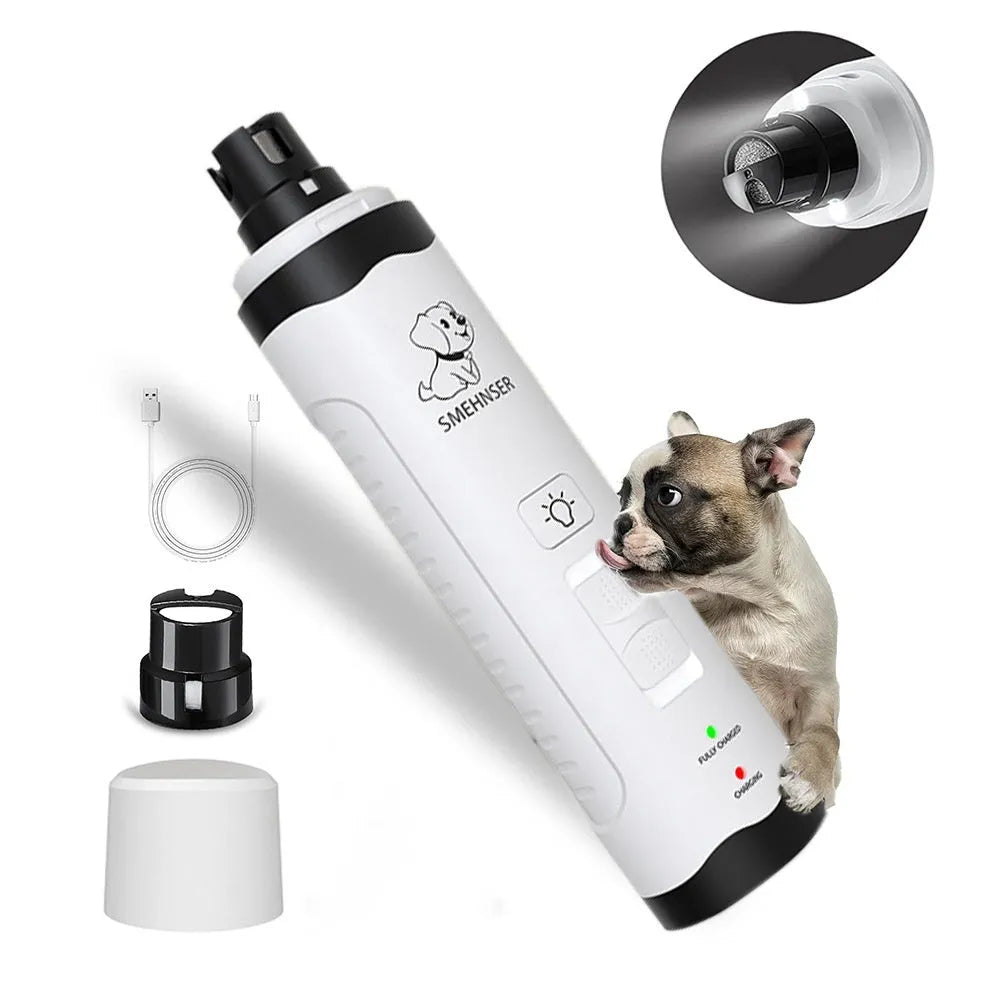 Electric dog nail grinder device showing LED indicators and LCD display for 3-speed pet nail trimming