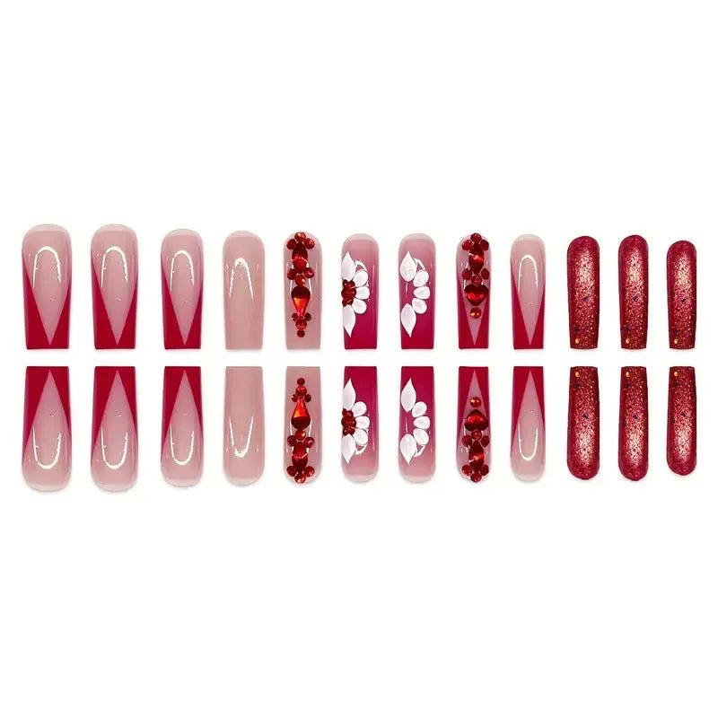 Sweet floral pattern artificial nails with red diamond decoration in European square long shape
