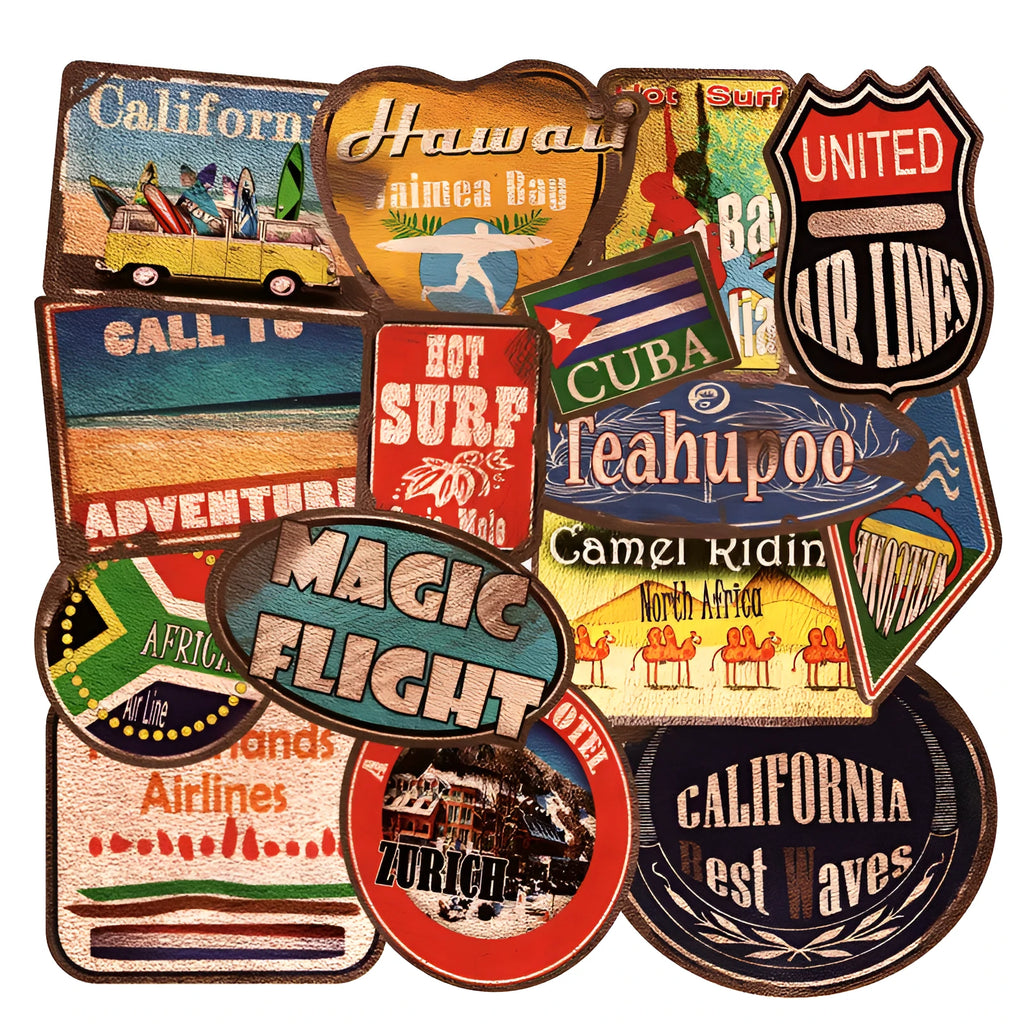 36 piece retro beach sticker set with surfing and travel designs on PVC material