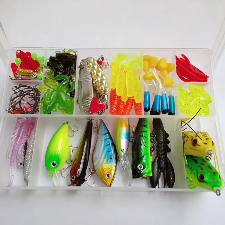 142-piece fishing lure set showing hard mino lures, sequins, hooks and fishing pliers in assorted colours