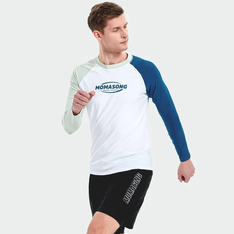 Men's white long-sleeved swim top with matching double-layer blue swim trunks for beach sports