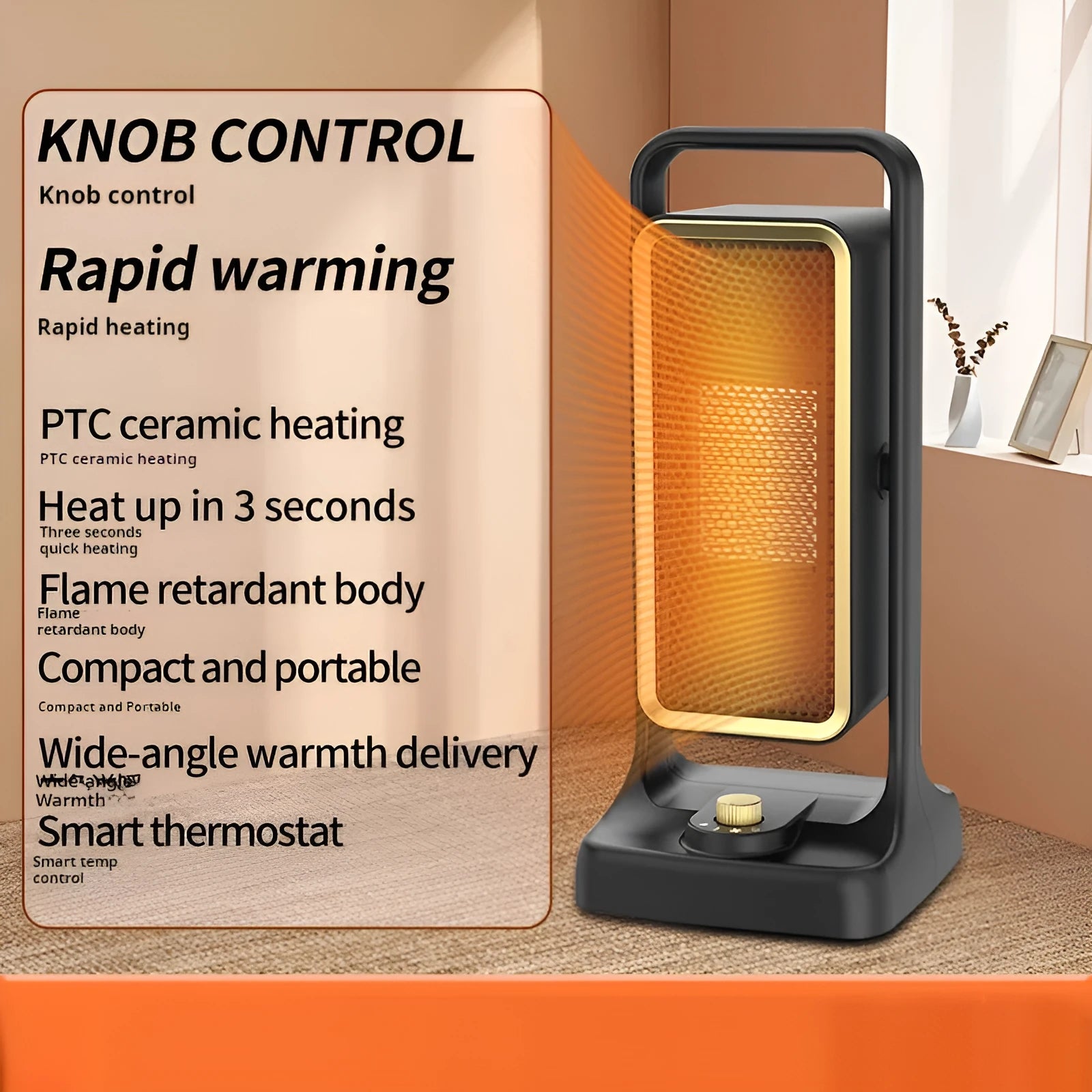 Black PTC ceramic desktop heater with knob controls measuring 14.9cm wide