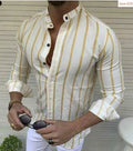 Men's striped wide lapel button cardigan long sleeve casual shirt in blue, cotton-polyester blend