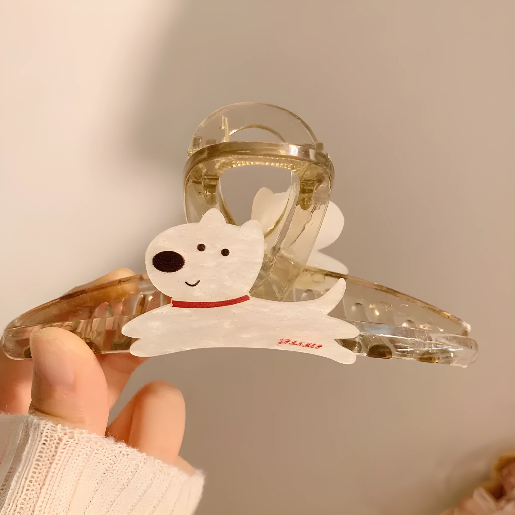 Korean style puppy hair grip barrettes in beige and brown colours with cartoon animal design
