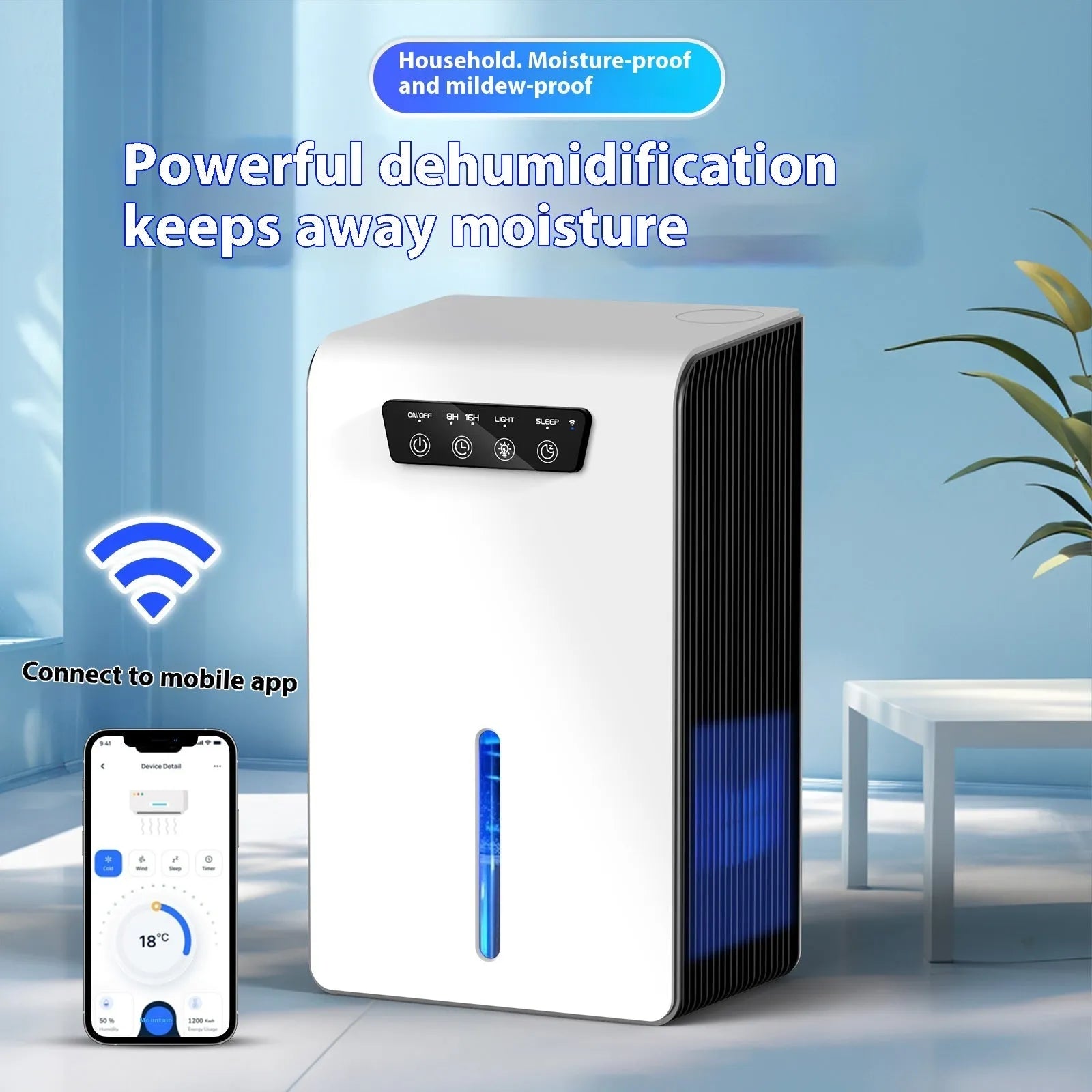 Milky white household dehumidifier for bedroom use in 10-20 square metre rooms