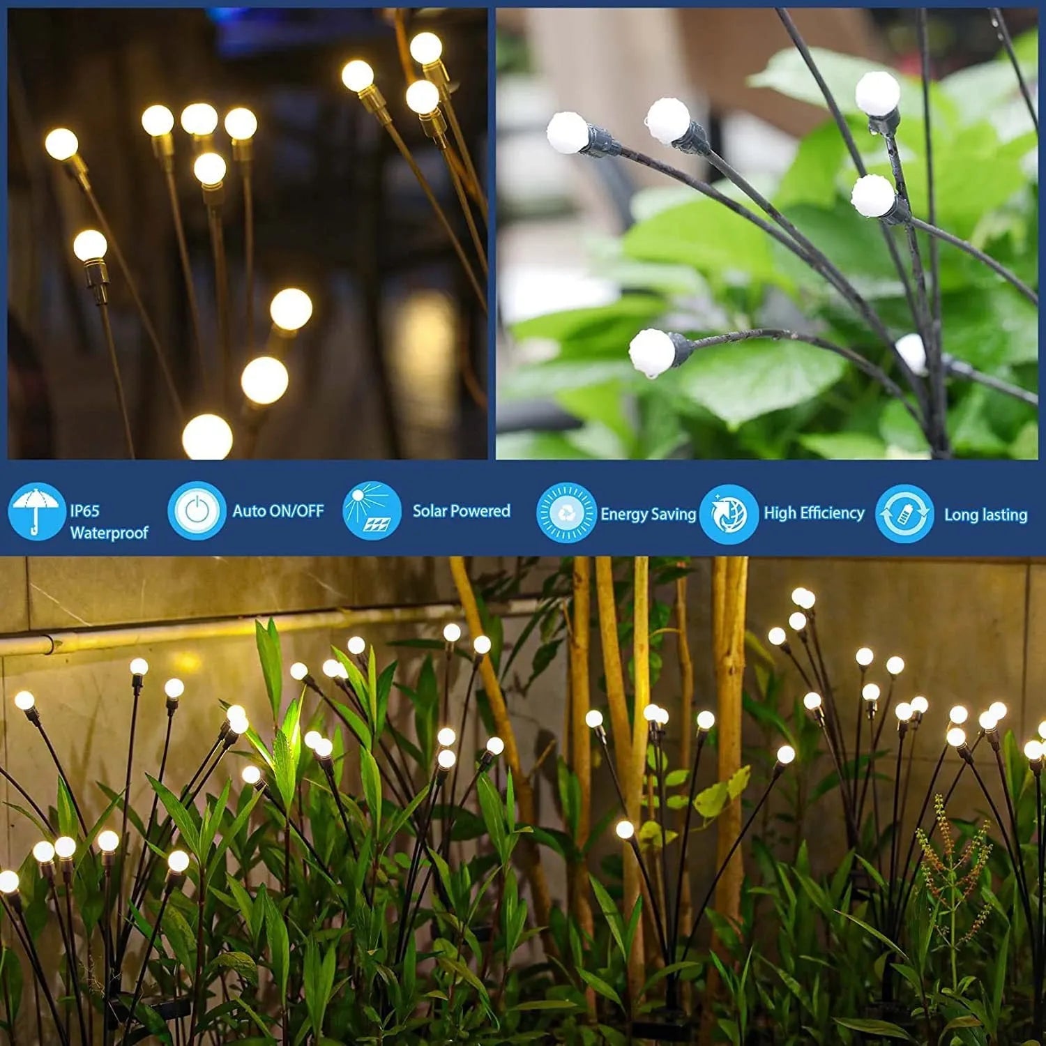 Solar-powered LED garden ground light with multiple LED heads and a stainless steel ground spike.