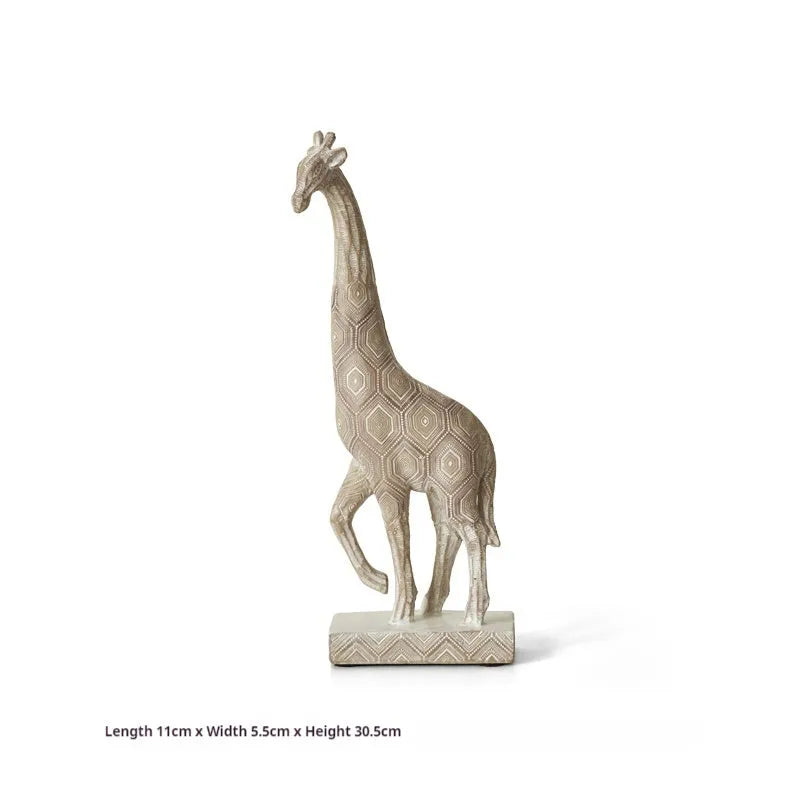 Wood colour giraffe-shaped resin ornament on a shelf, showing European style design.