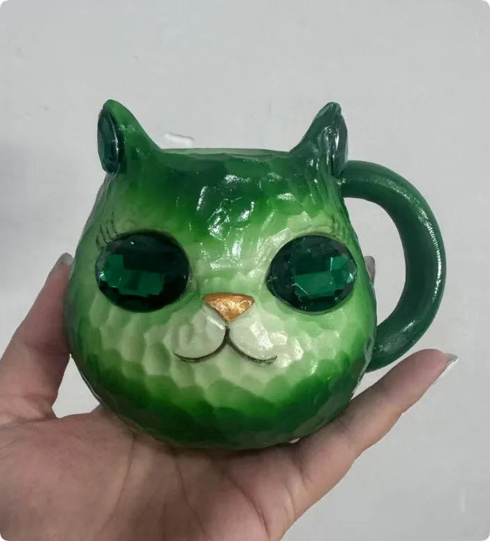 Resin crystal earth cat cup desk ornament in purple, green, blue, or pink colour with base