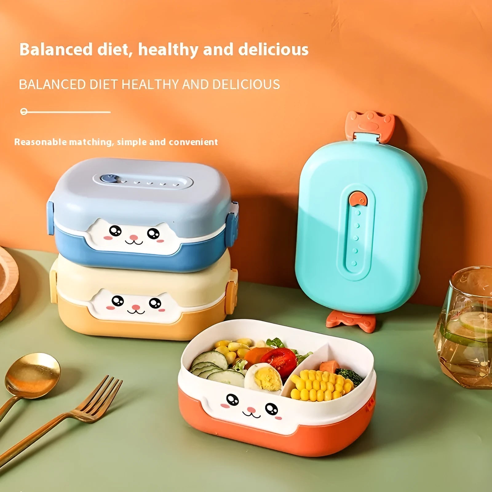 Square plastic cartoon lunch box with divided compartments in dark blue, orange yellow, or pink and green colours
