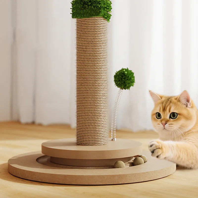 Vertical cat climbing frame with hemp rope scratching posts and a canna coloured column