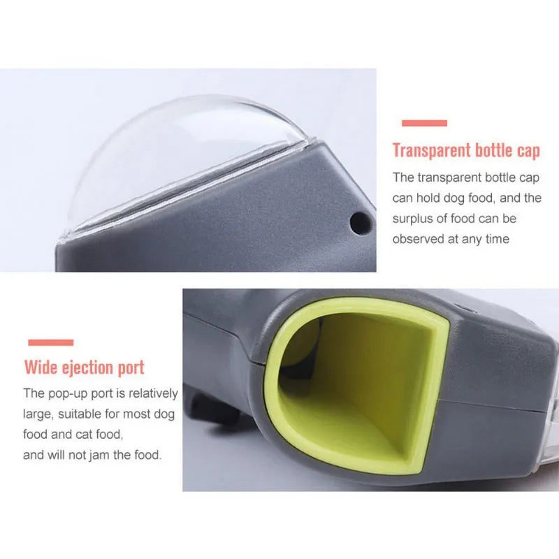 Grey plastic pet snack launcher toy measuring 18cm long for dog and cat treat dispensing.