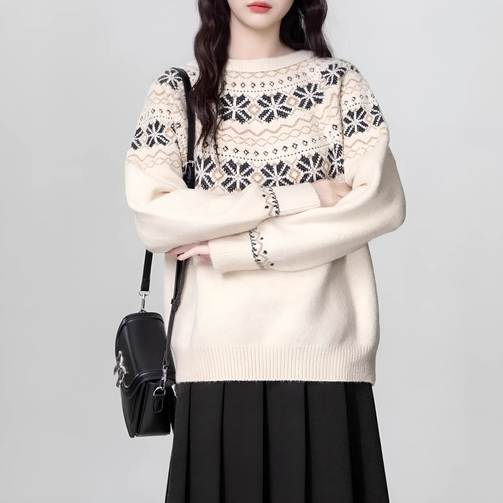 Women's milky white Fair Isle geometric pattern pullover sweater with crew neck and long sleeves