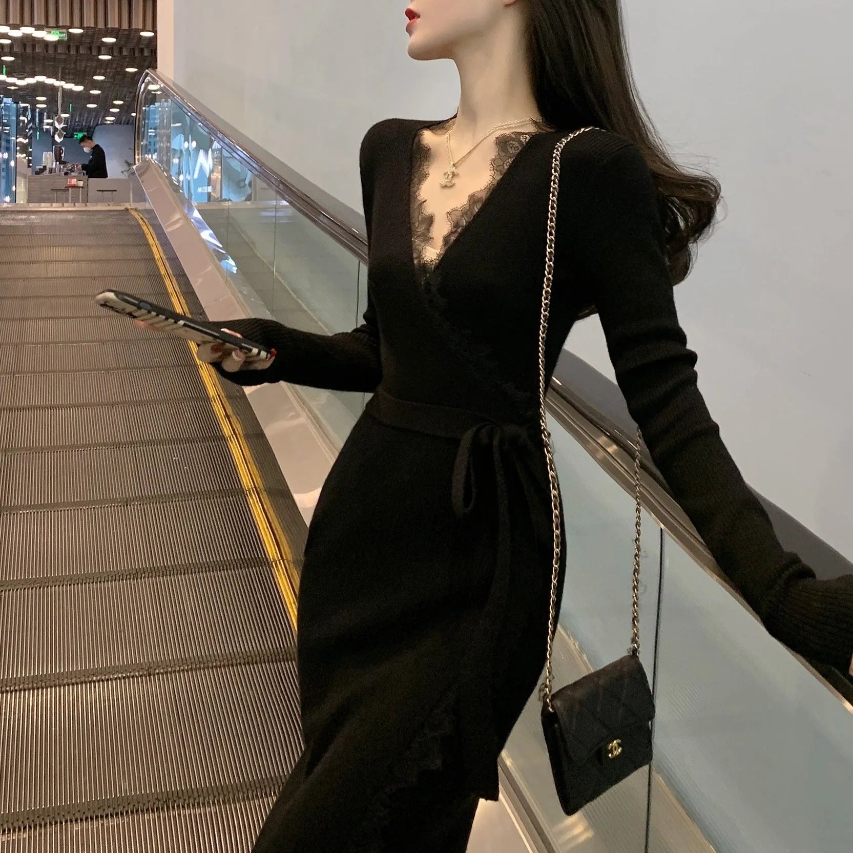 Black women's slim fit woolen skirt with princess dress styling