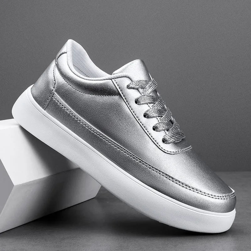 Women's leather casual flat shoes with front lace-up fastening in metallic colours