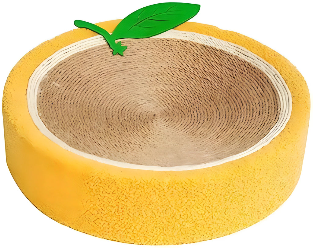 Yellow round sisal cat scratching board and bed combo for small breed cats.