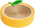 Yellow round sisal cat scratching board and bed combo for small breed cats.