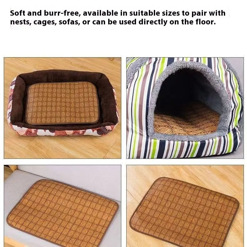 Brown rattan fibre summer cooling mat for dogs on wooden floor
