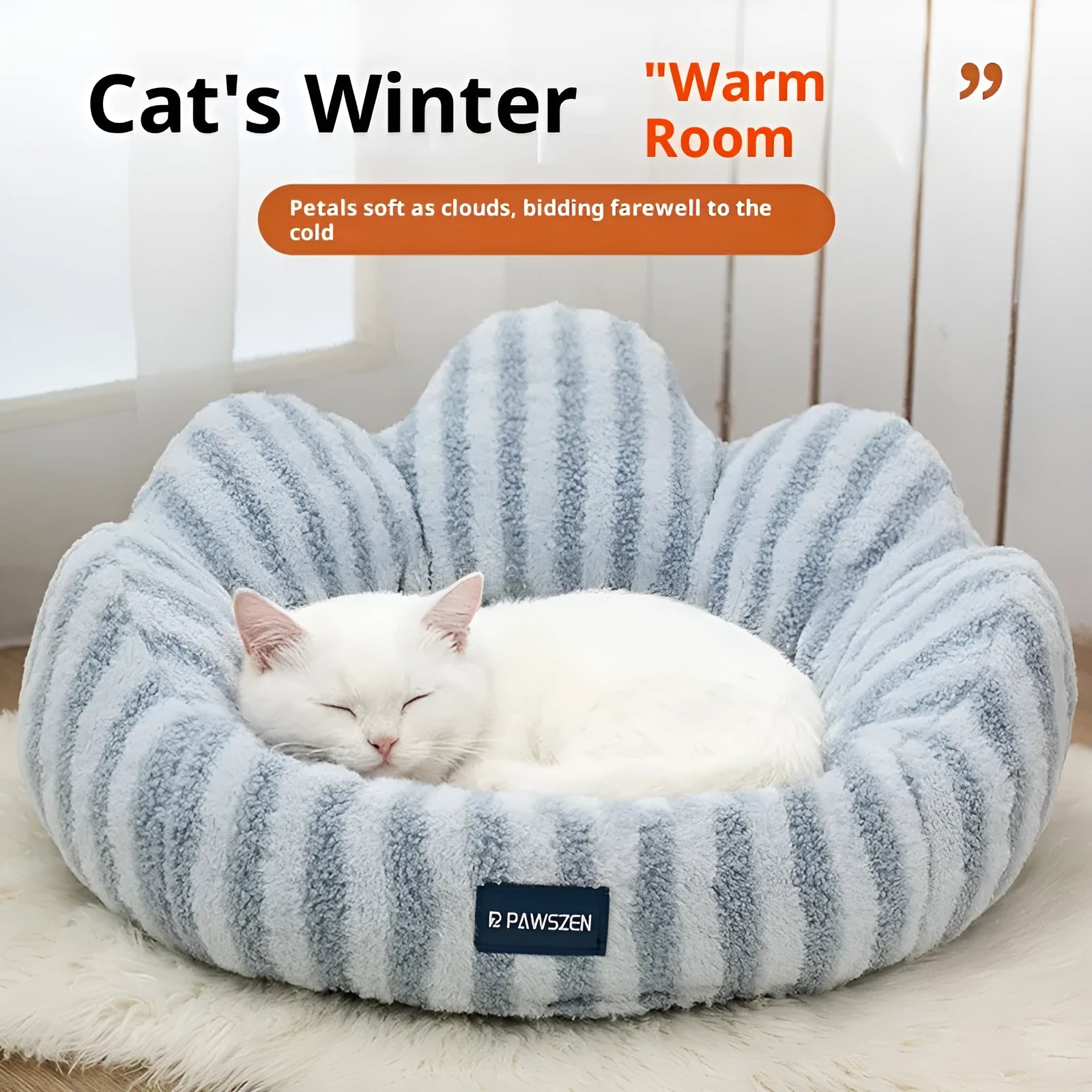 Petal Cat Nest Thickened Large Warm Kennel Cloth Pet Bed with Striped Flower Design in Light Blue and Coffee for Cats Indoor Use Small Medium Large Sizes Cushion Cage Accessory
