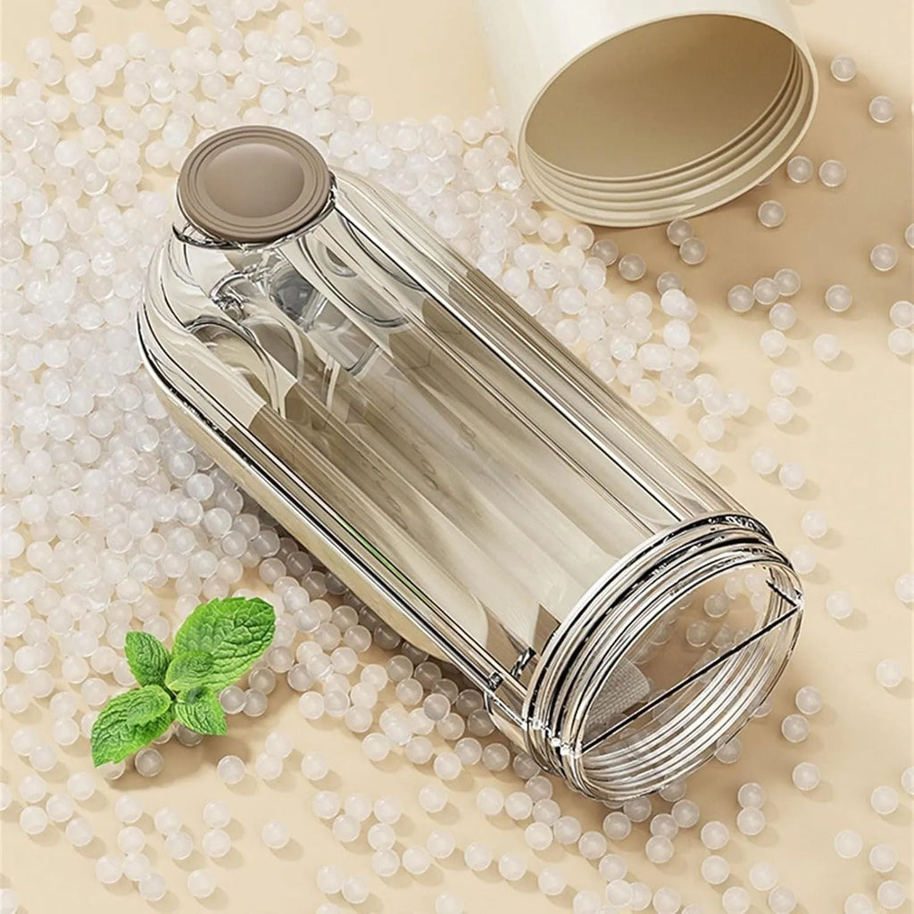 Beige foldable dog water bottle with integrated food container, shown with press-button tray.