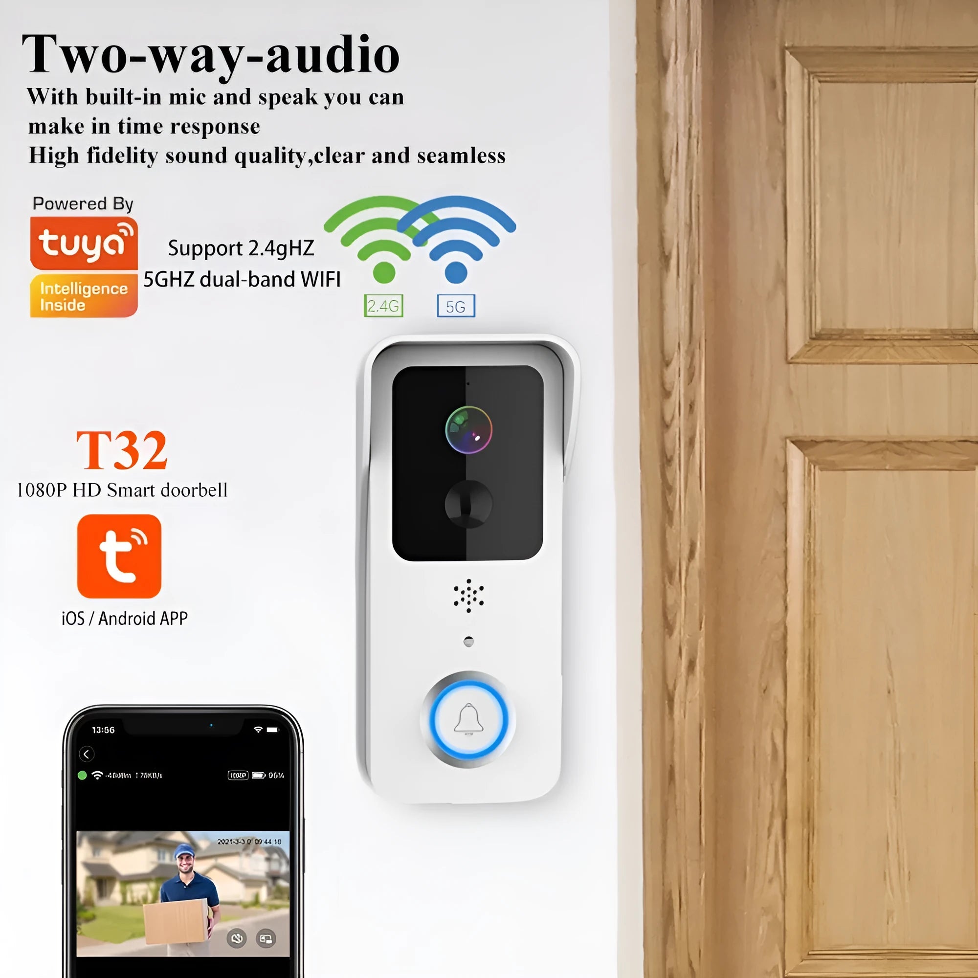 Waterproof HD visual doorbell with battery power and smartphone notifications