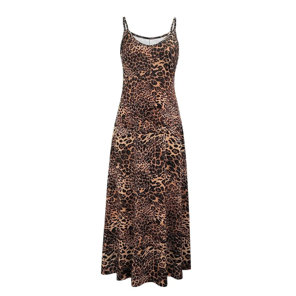 Dark brown leopard print milk silk dress with sleeveless shoulder strap design and round neck