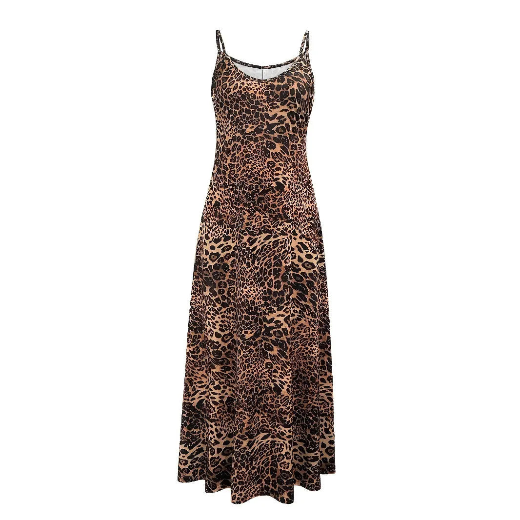 Dark brown leopard print milk silk dress with sleeveless shoulder strap design and round neck