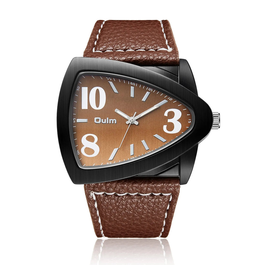Men's casual triangle belt quartz watch with leather strap and stainless steel 9mm case