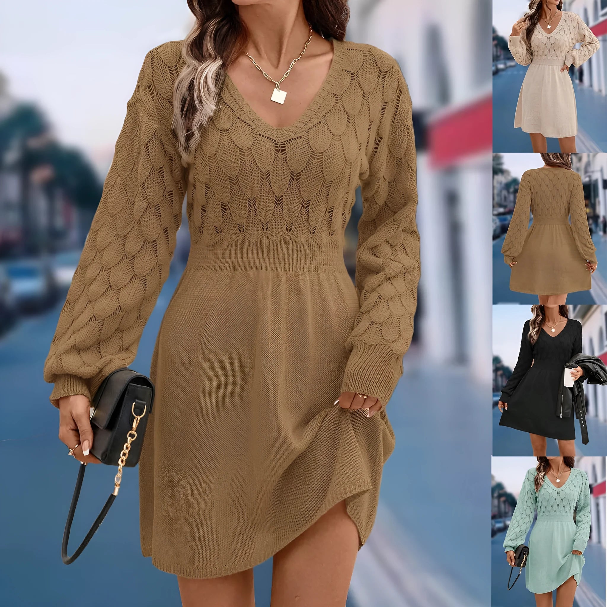 Long sleeve v-neck dress in apricot with artistic 3D pattern details and a high-waisted midi silhouette.