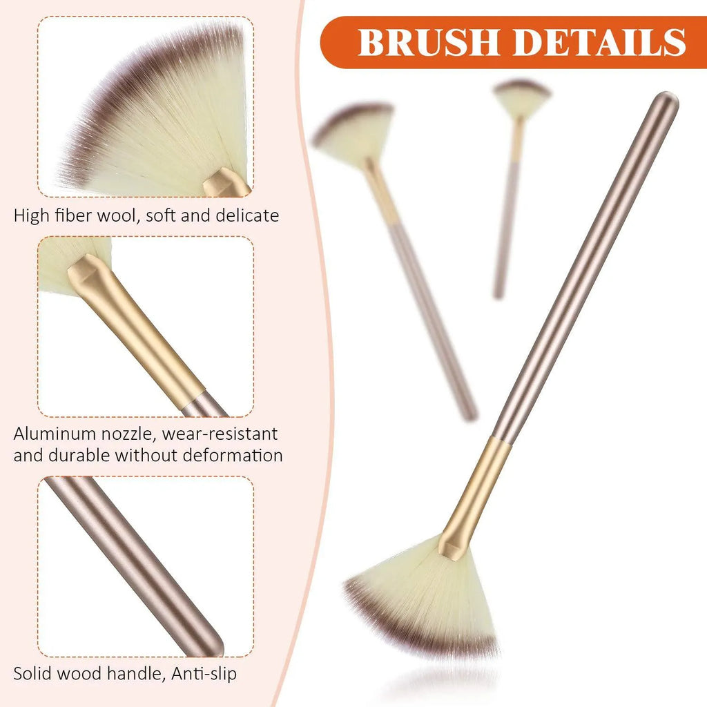 10 professional facial fan brushes with champagne finish and protective covers for mask and makeup application