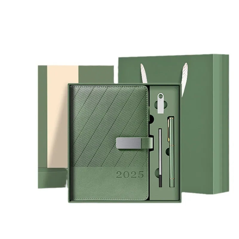 Striped PU leather notepad open showing 80g wood-free paper, available in eight colours