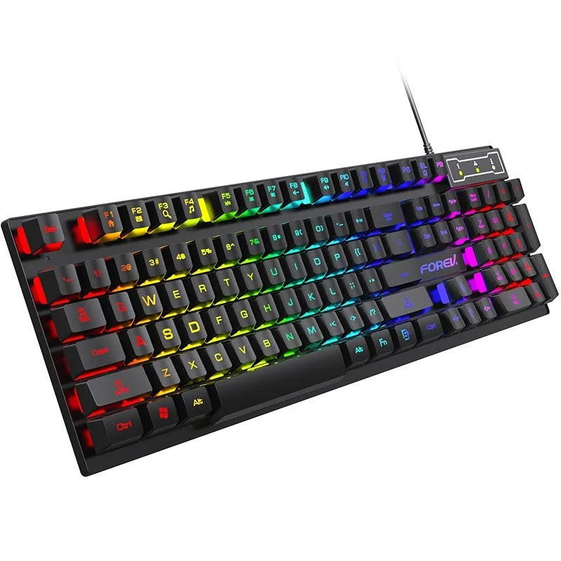 Black 104-key gaming keyboard with backlight and gaming mouse bundle on desktop
