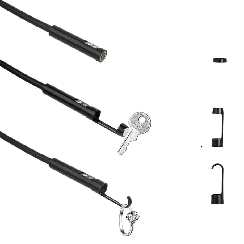 Wireless dual lens endoscope with 5.5mm and 8mm probe diameter options showing magnet and hook accessories