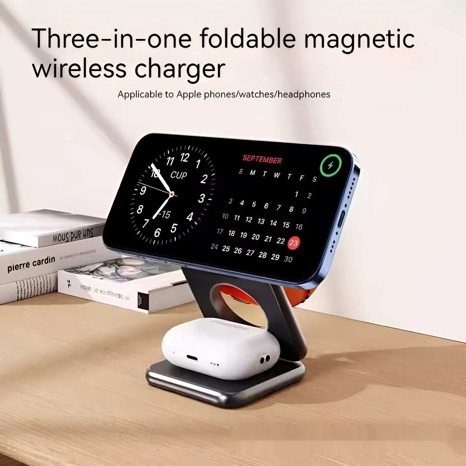 White foldable magnetic wireless charger phone holder showing compact size and charging indicator light.