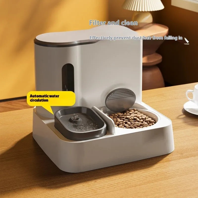 Automatic cat feeder water dispenser with double bowl system and electric circulating water pump in grey colour