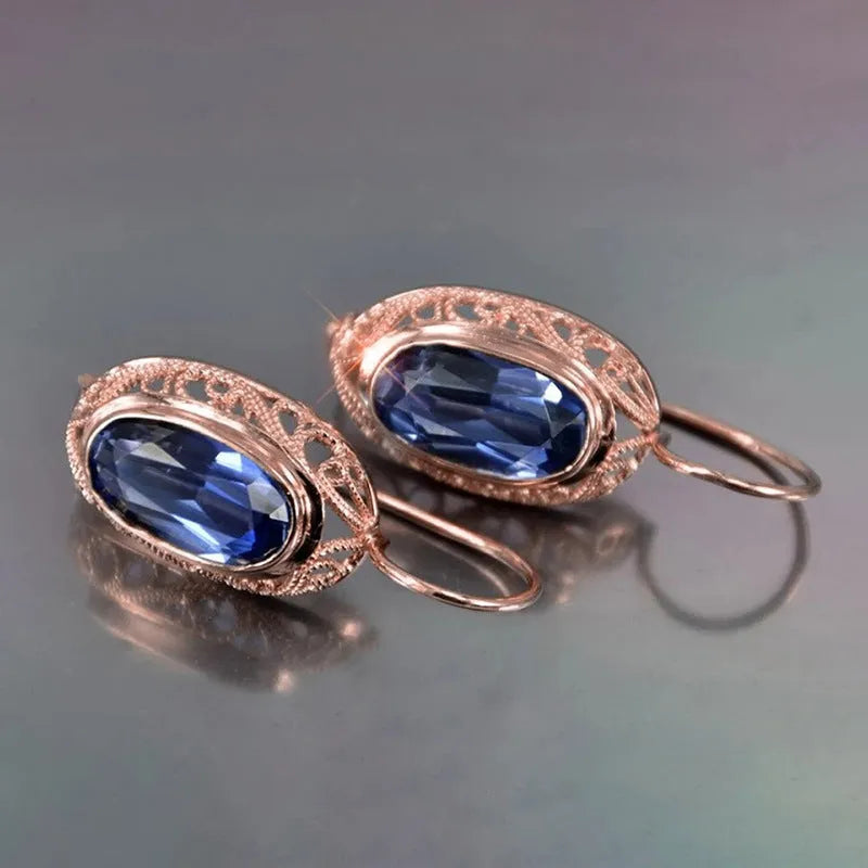 Women's geometric copper glass earrings red blue ellipse ring line shape pair
