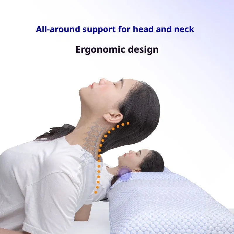 Household cervical memory foam pillow 63x36x13.5cm shown with medium molecule air layer cover in white and blue
