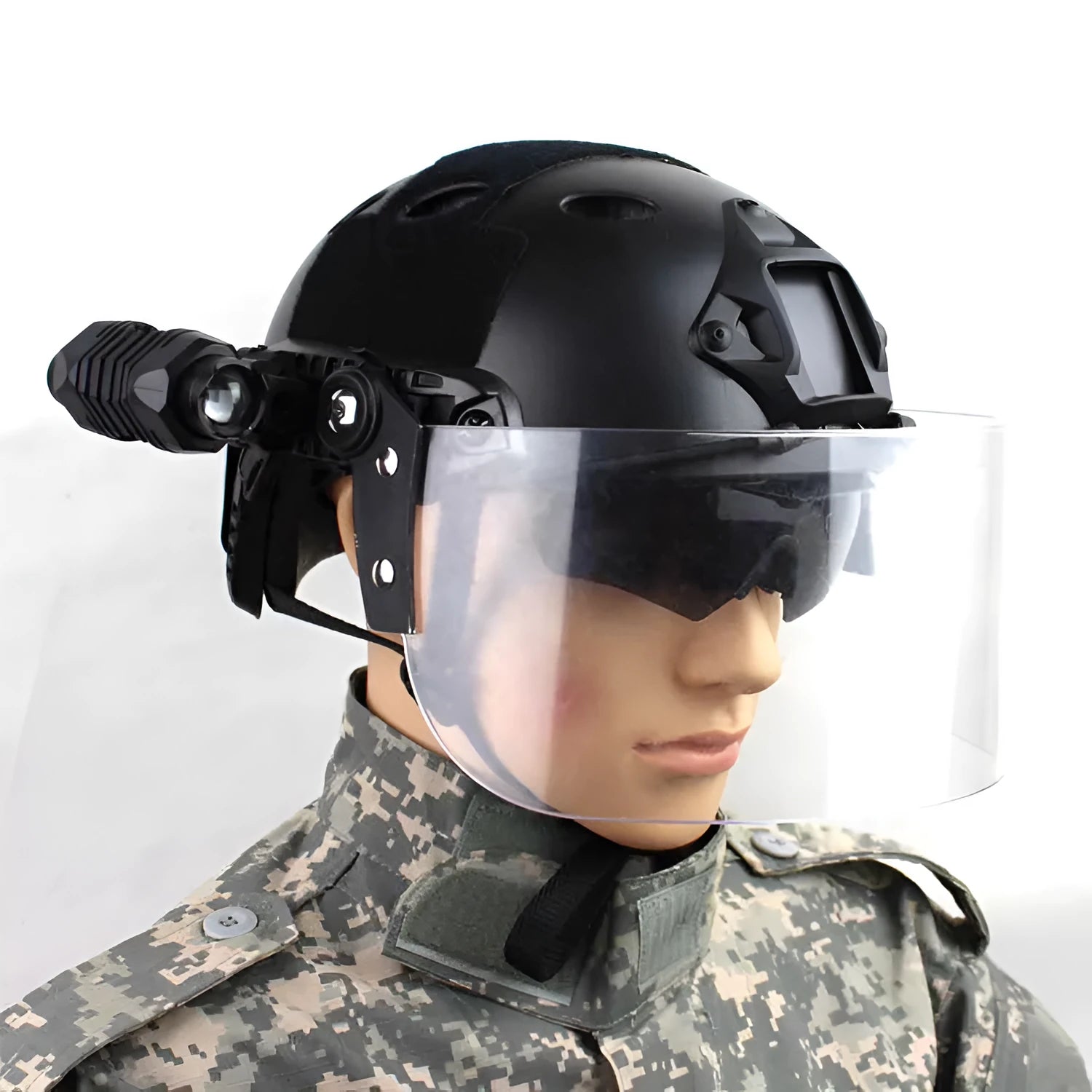 Transparent polycarbonate helmet face mask with windproof lens and guide rail mounting