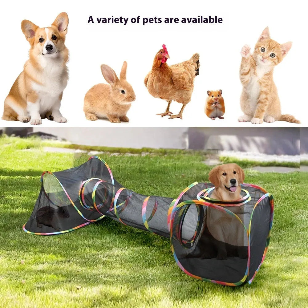 Foldable mesh cat roll cage showing multiple shape configurations including hexagonal, tee, and tent designs