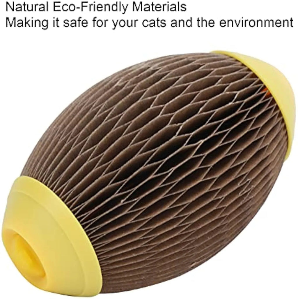 Ellipse-shaped catnip football toy made from recycled corrugated paper with scratching surfaces